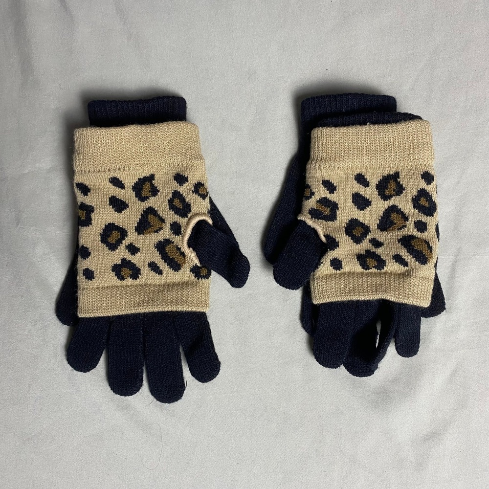 Leopard Print 2-in-1 Knit Glove Set Black Tan Fingerless Layering Gloves